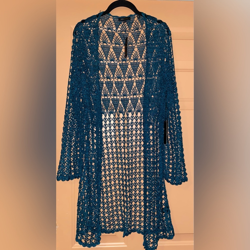 BCBGMaxAzria Teal Blue Hand Crochet Cardigan with Intricate Openwork Design